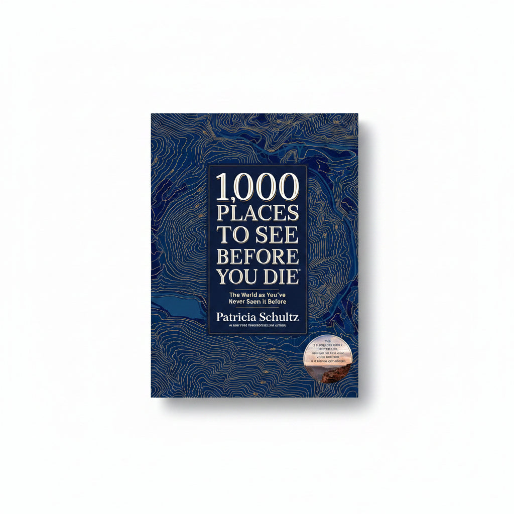 Book cover of '1,000 Places to See Before You Die' with a blue and gold topographic design.