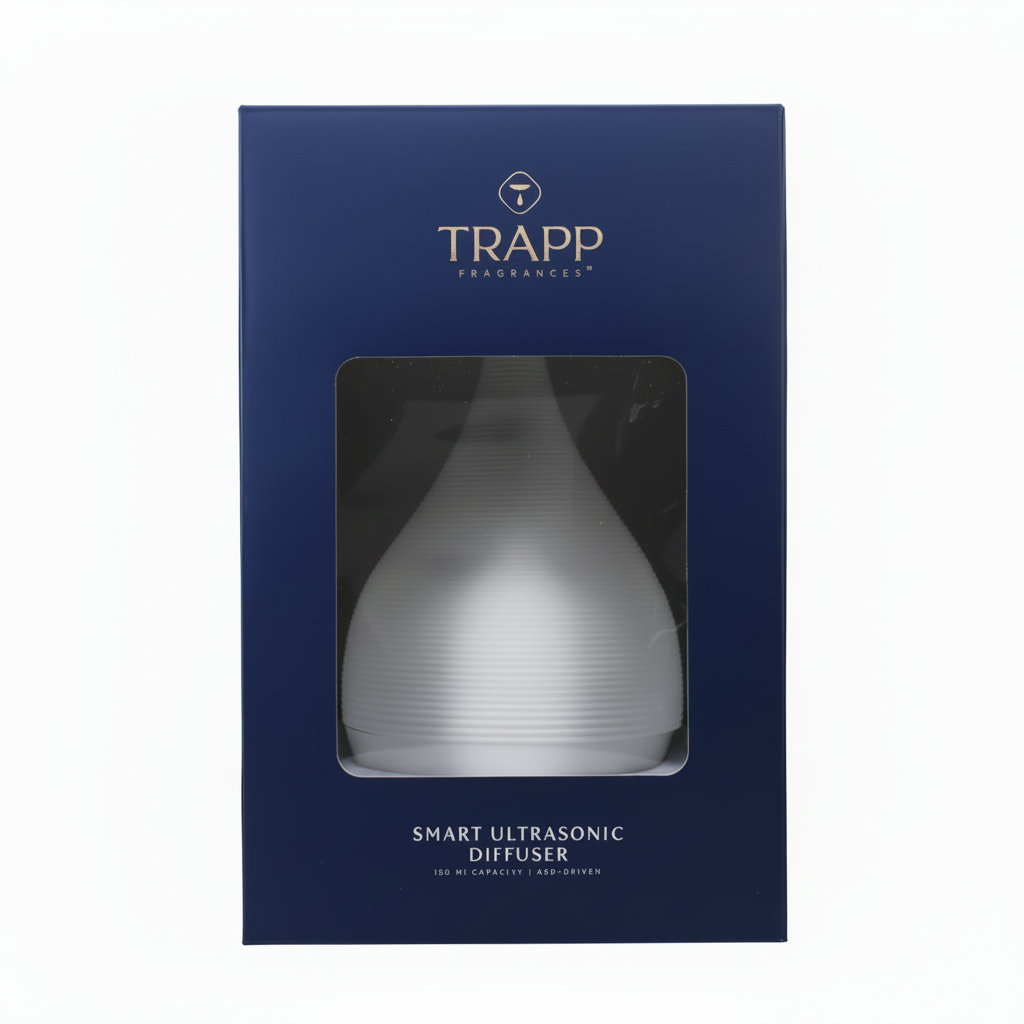 TRAPP brand smart ultrasonic diffuser in white color, packaged in a blue box with a clear viewing window.