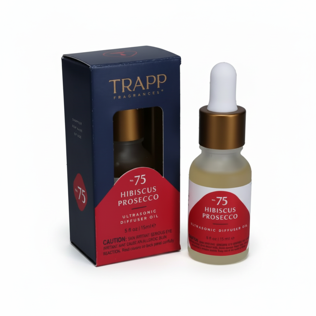 TRAPP fragrance product packaging and a small clear glass bottle with a dropper containing Hibiscus Prosecco scented ultrasonic diffuser oil.