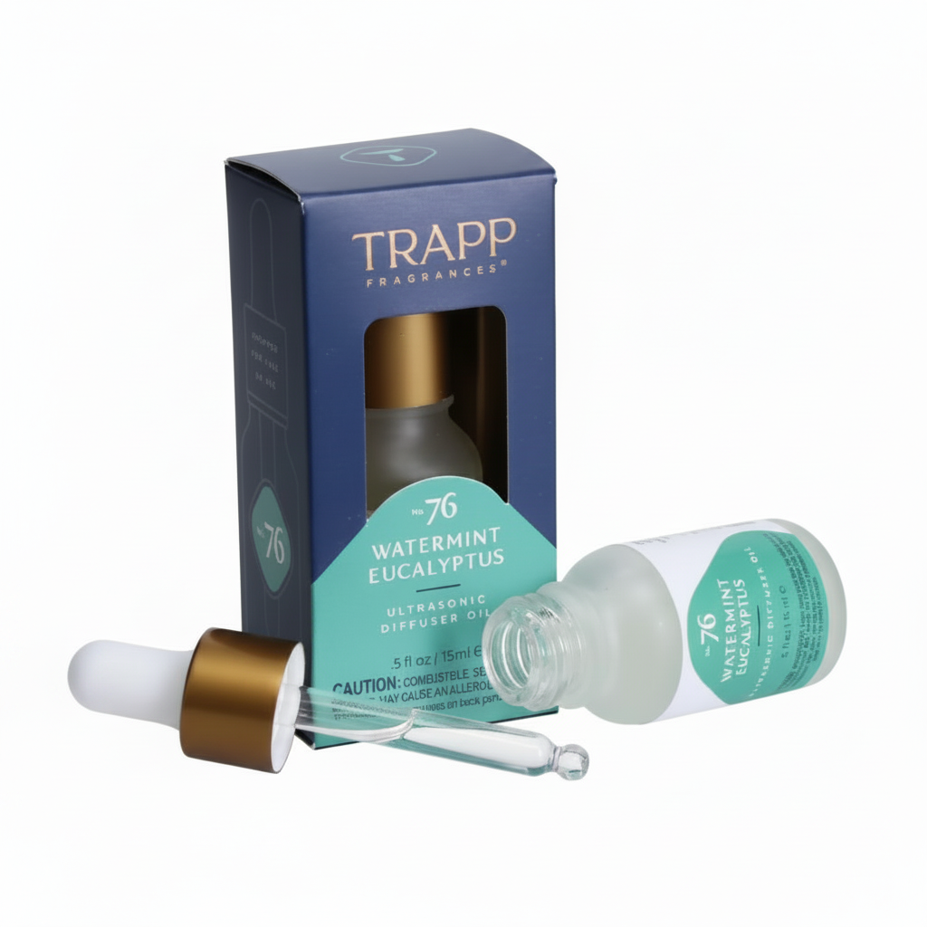 TRAPP Fragrances product packaging and a small glass bottle with a dropper, labeled as 'No. 76 Watermint Eucalyptus' ultrasonic diffuser oil.