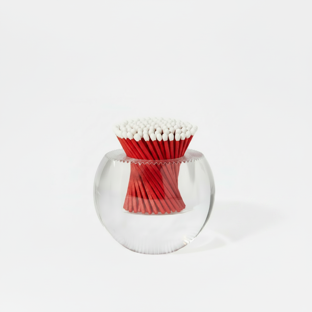 Red matches in a clear glass container on a white background