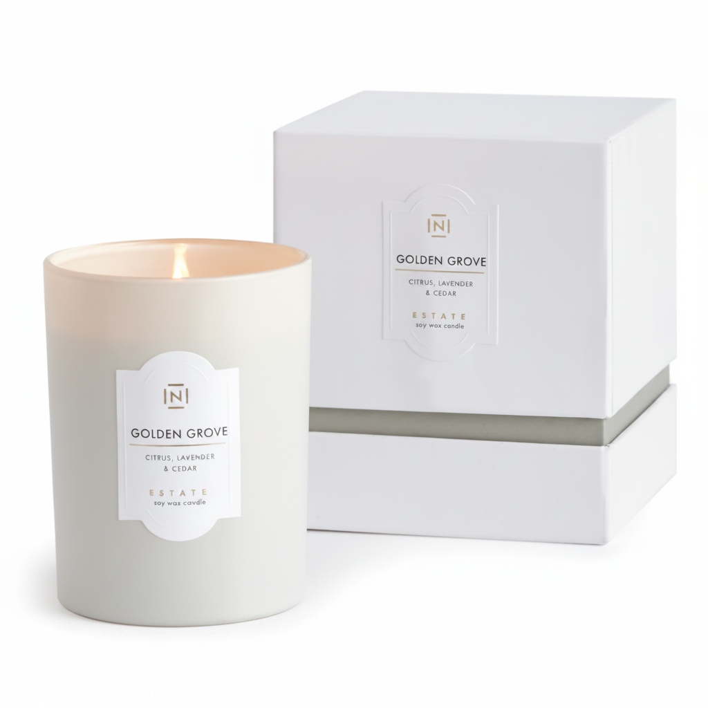 White candle with 'Golden Grove' label and packaging on a white background