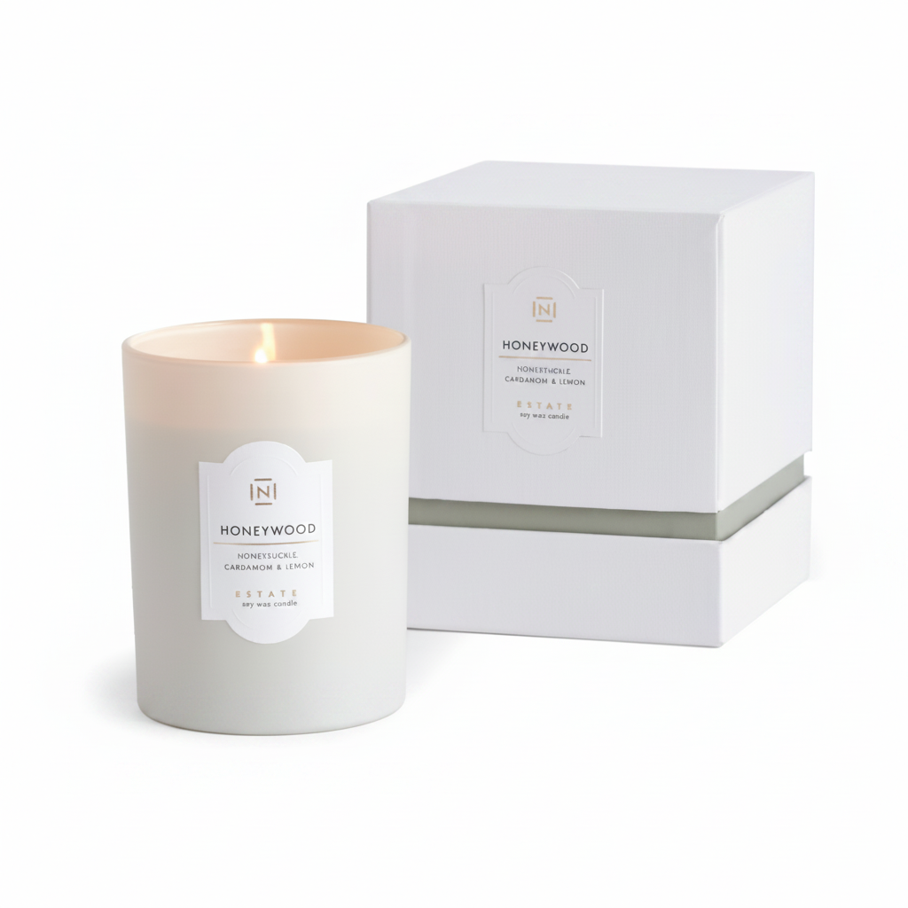 Honeywood candle with packaging on a white background