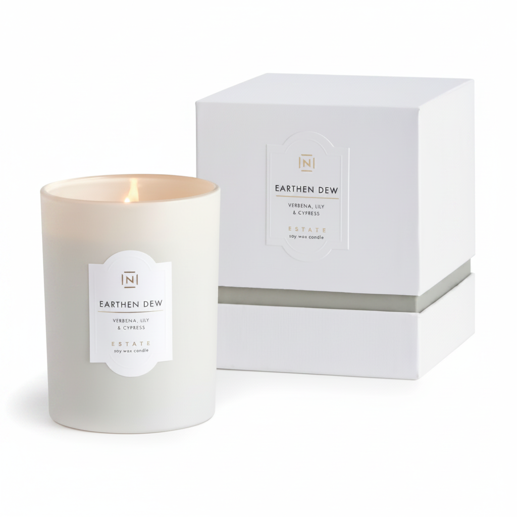 Candle labeled 'Earthen Dew' with a matching box on a white background