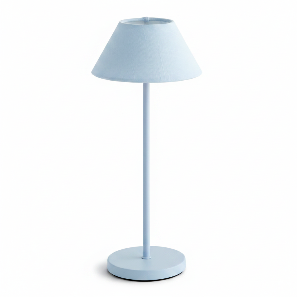 Blue table lamp with a white shade on a white background