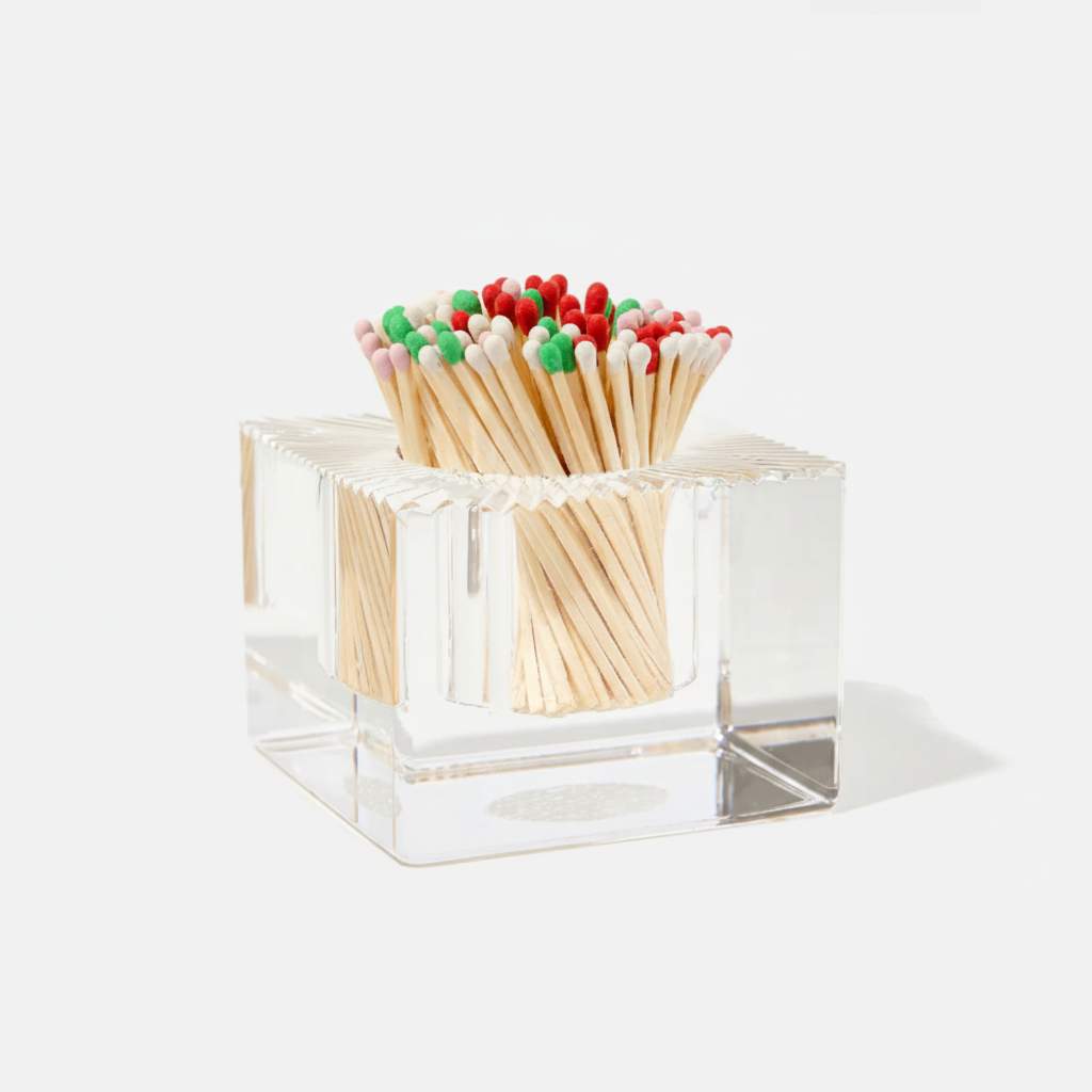 Clear glass container with colorful matches on a white background