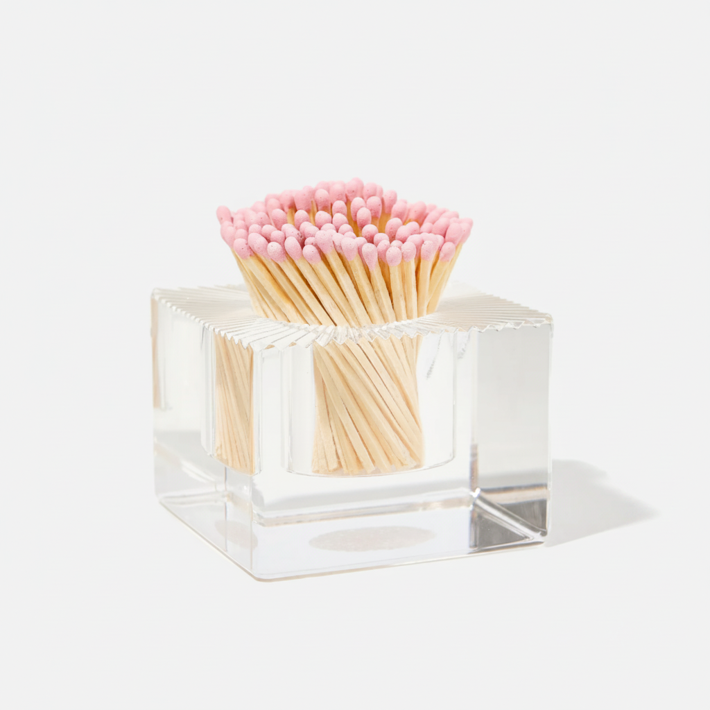 Clear cube-shaped matchbox with pink matches on a white background