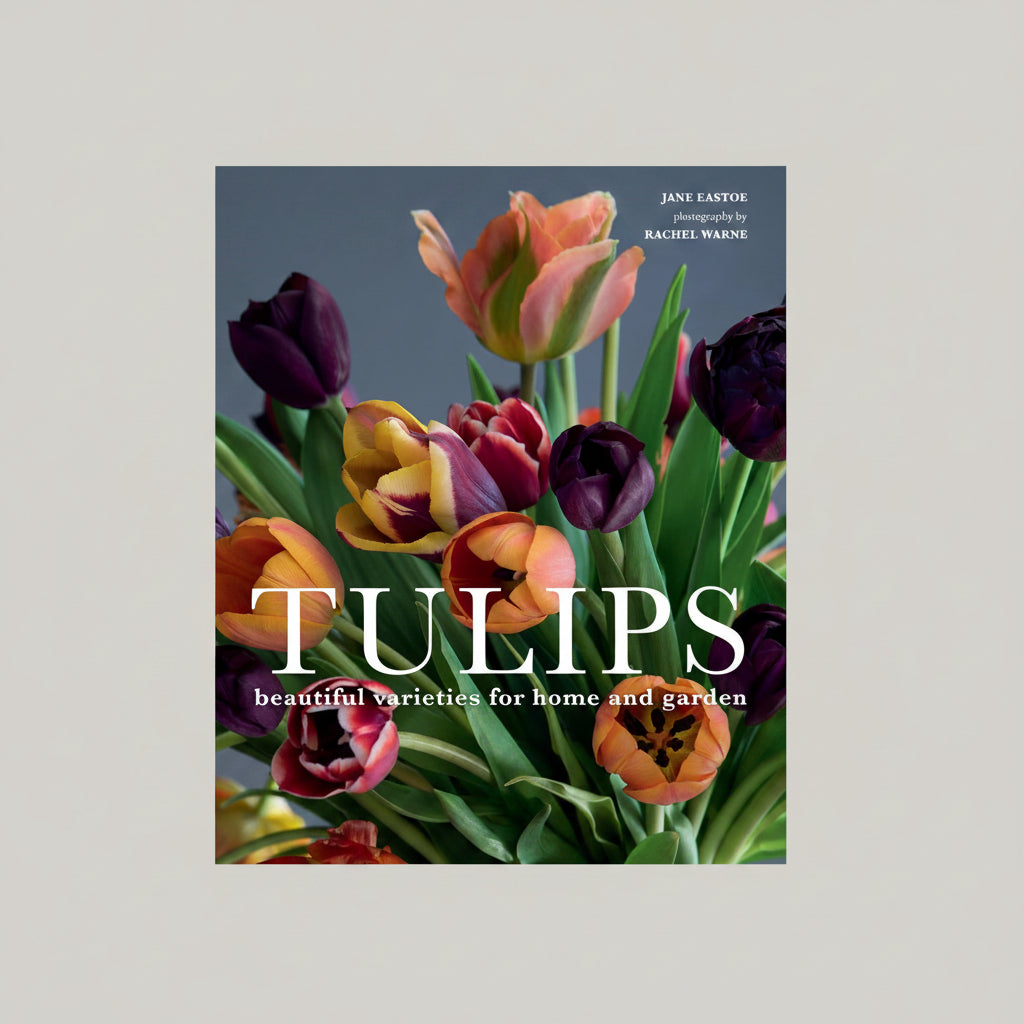 Book cover with tulips and text 'Tulips: Beautiful Varieties for Home and Garden' by Jane Eastoe.