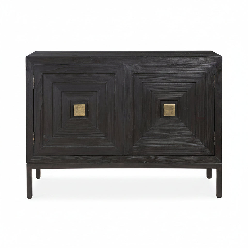 Dark wooden sideboard with gold square accents on a white background
