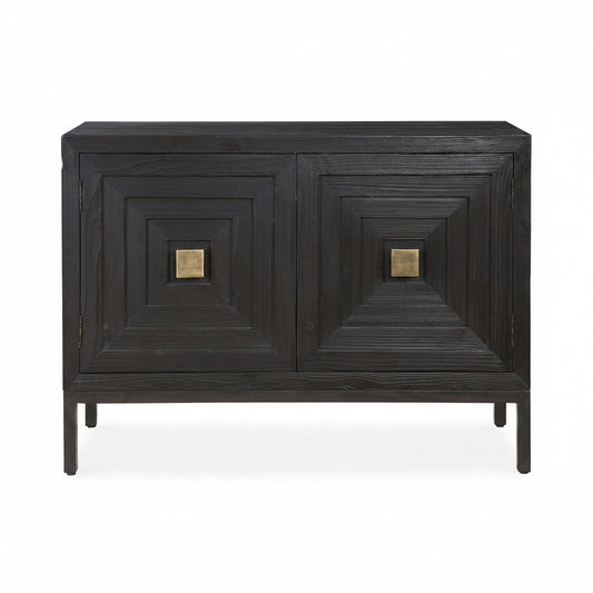 Dark wooden sideboard with gold square accents on a white background