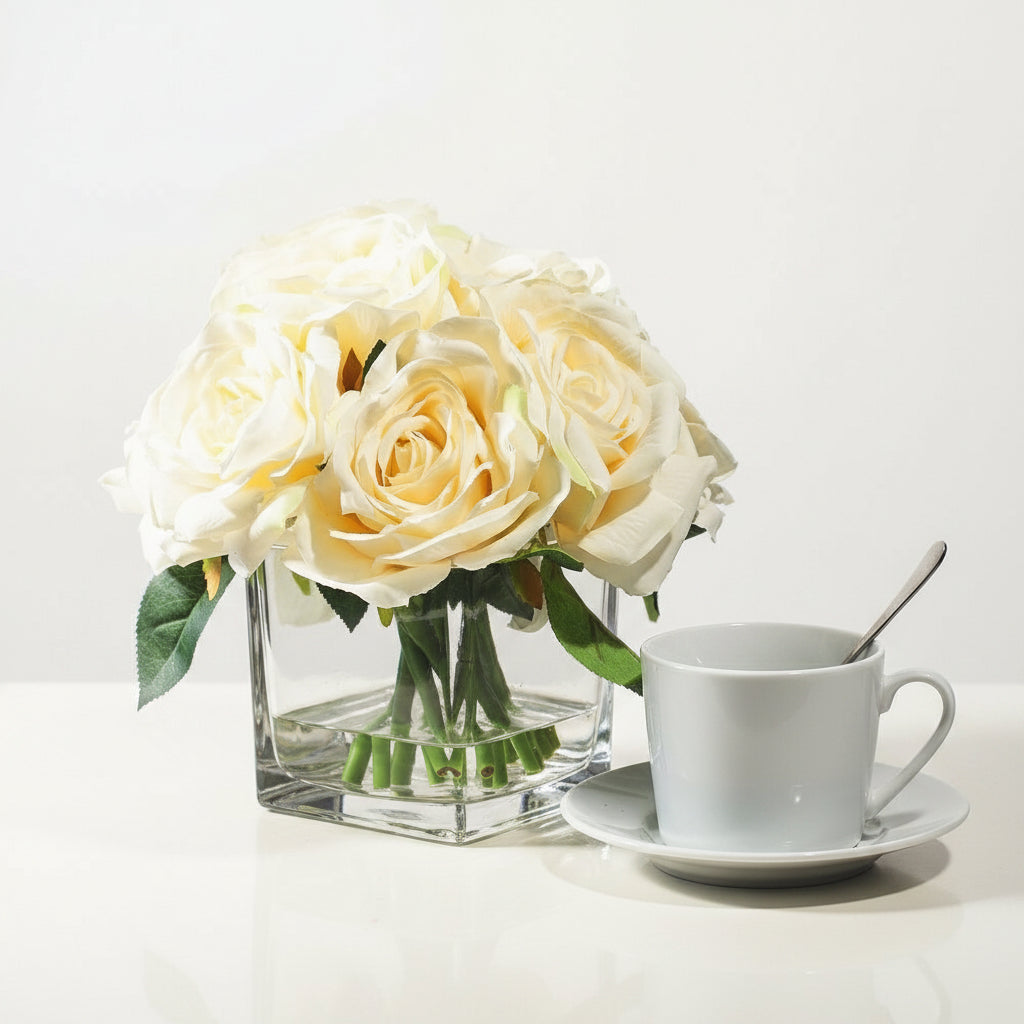 A bouquet of cream-colored faux roses in a clear square glass vase, styled on a white table next to a white ceramic cup and saucer against a blue paneled background.