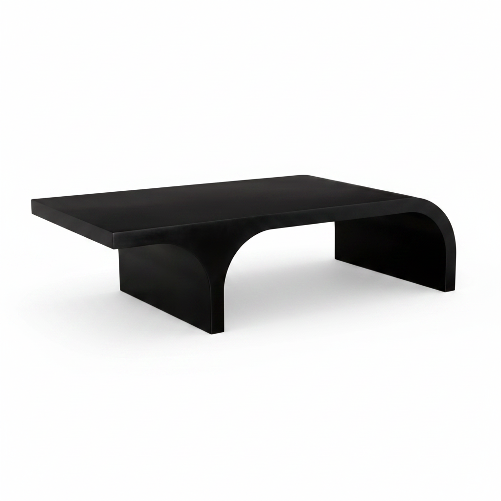 A modern black coffee table with a thick rectangular top and sculptural curved legs, shown against a plain white background.