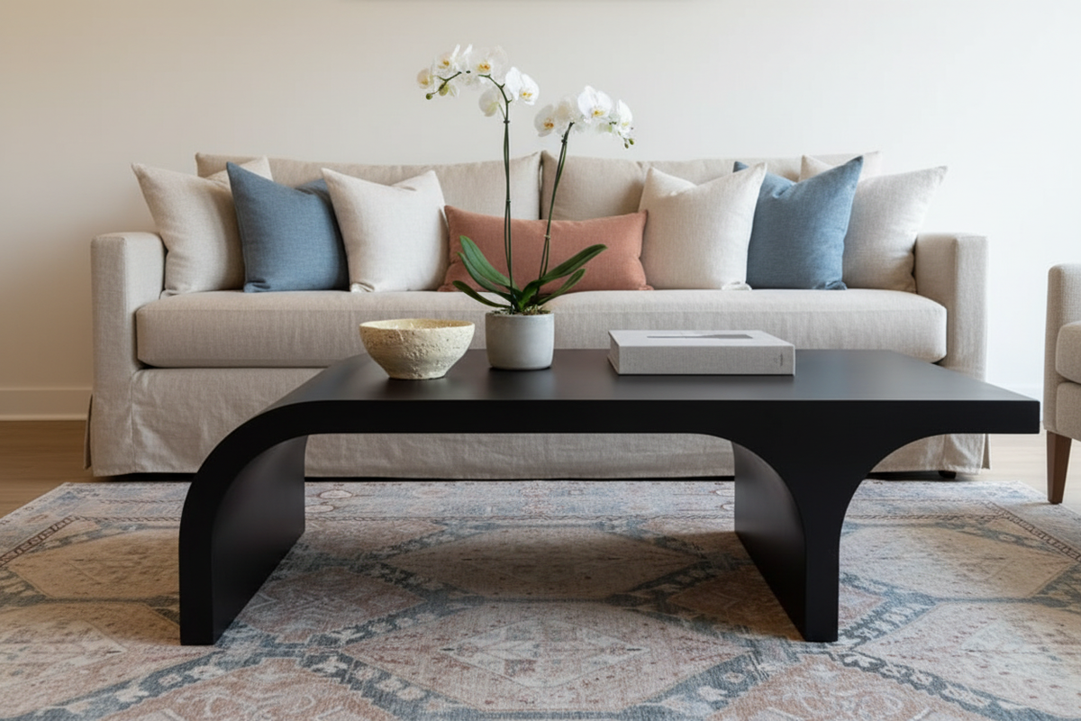 Maximus Matte Black Coffee Table styled in a modern living room with vintage area rug