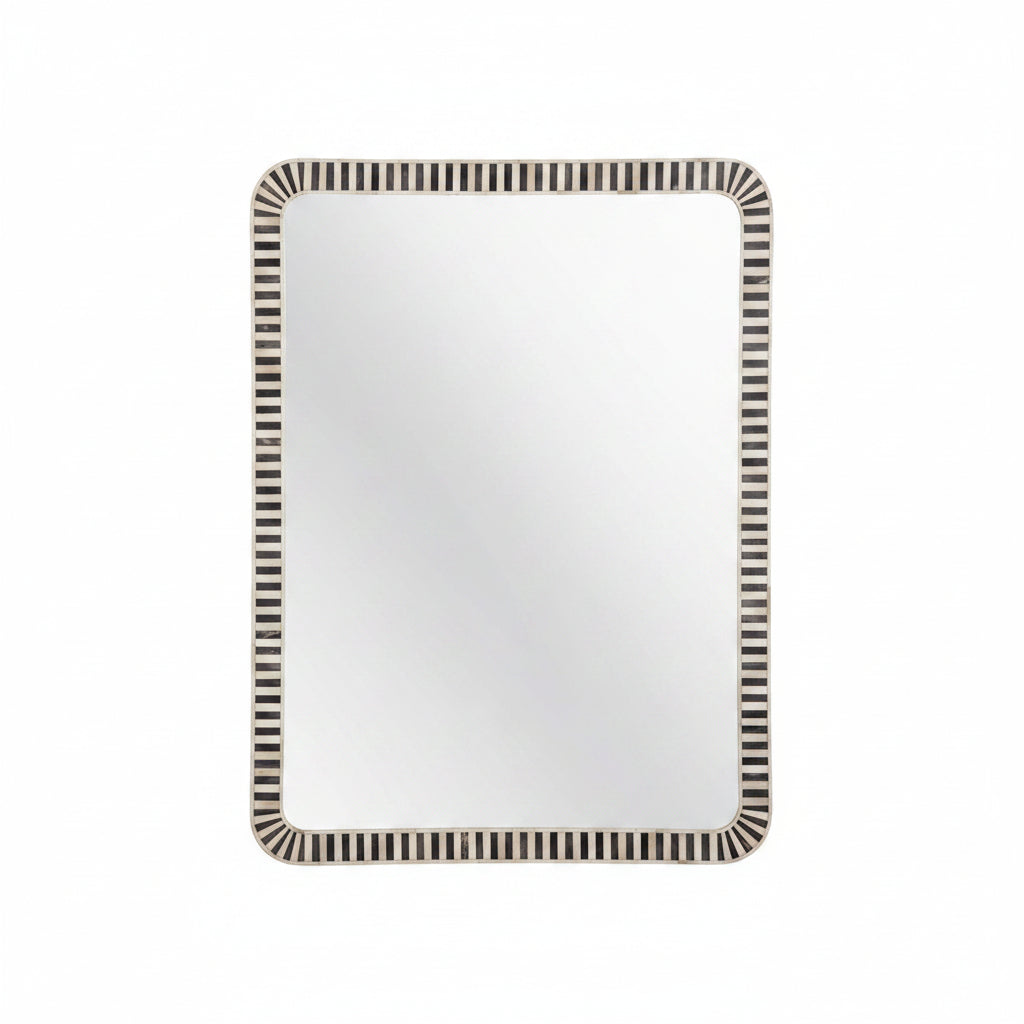 Rectangular mirror with a decorative black border on a white background